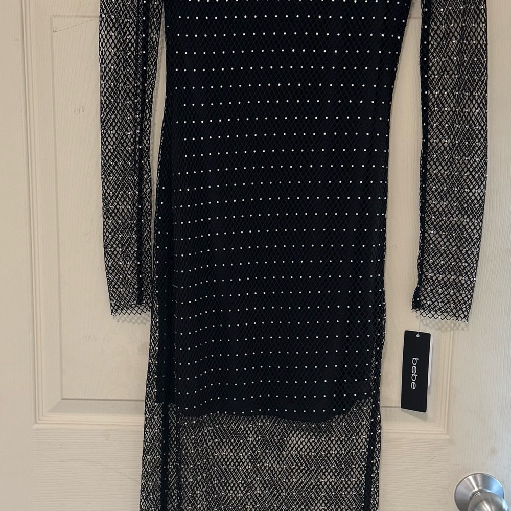 Bebe Rhinestone Mesh Maxi Dress Black Sheer Overlay Bodycon Mini NWT Small $109